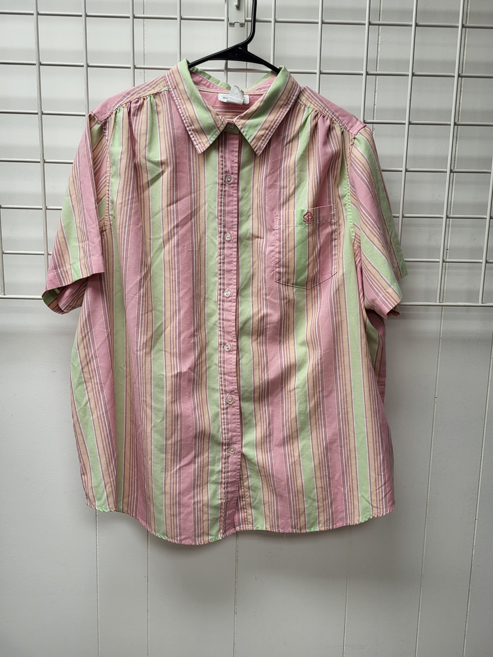 Plus Casual Striped Short-Sleeve Button-Down Shirt in Pink and Light Green, 22w